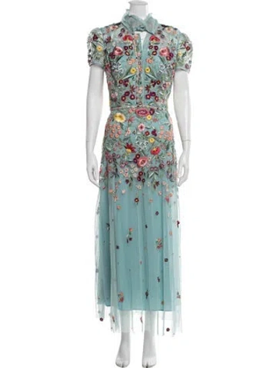 Pre-owned Jenny Packham Floral Print Long Dress In Blue/green