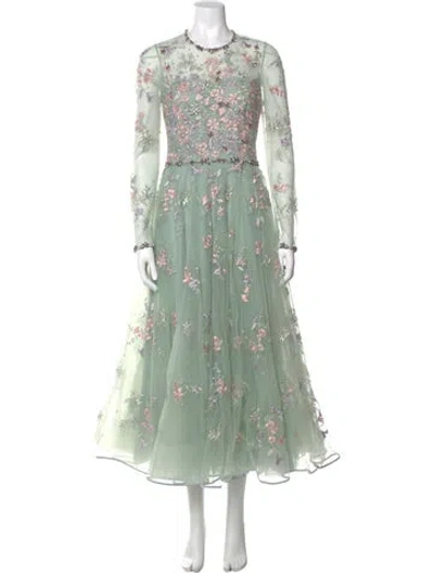 Pre-owned Jenny Packham Floral Print Long Dress In Green