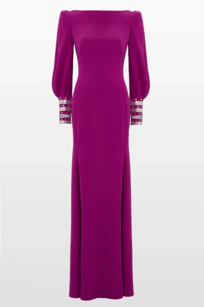 Jenny Packham Francolin Embellished-cuffs Puff-sleeve Maxi Dress In Purple