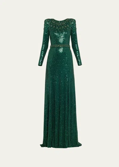 Jenny Packham Georgia Sequined Long-sleeve Gown In Fern Green