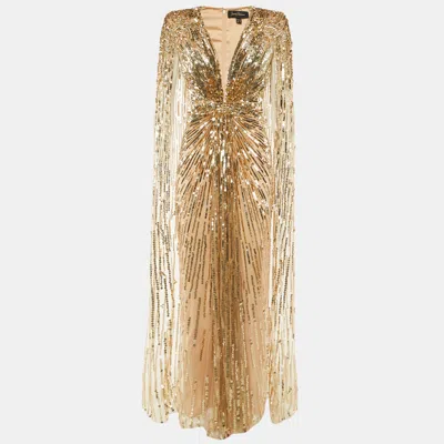 Pre-owned Jenny Packham Gold Embellished Tulle Lotus Lady Gown M