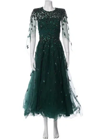 Pre-owned Jenny Packham Graphic Print Long Dress In Green