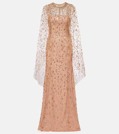 Jenny Packham Hestia Embellished Caped Gown In Neutral