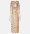 Jenny Packham Honey Dew Caped Embellished Gown In Pink