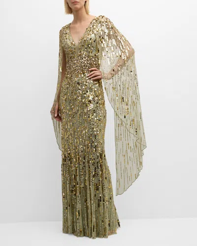 Jenny Packham Honey Pie Sequined Cape-sleeve Mermaid Gown In Green Opal 2025