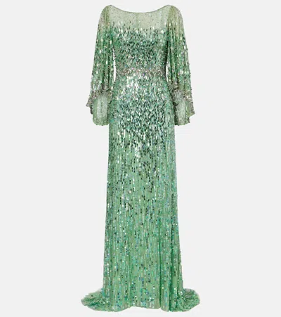 Jenny Packham Ines Embellished Sequined Gown In Green