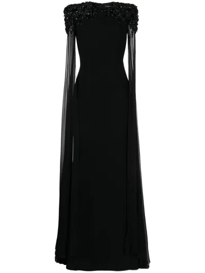 Jenny Packham Jenna Crystal-embellished Cape Gown In Schwarz
