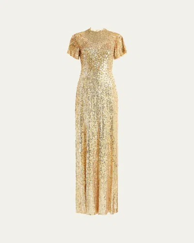 Jenny Packham Jourdain Sequined Short-sleeve A-line Gown In Gold