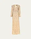 Jenny Packham Kaia Embellished Long-sleeve Plunging Illusion Gown In Almond