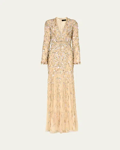 JENNY PACKHAM KAIA EMBELLISHED LONG-SLEEVE PLUNGING ILLUSION GOWN