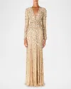 Jenny Packham Kaia Embellished Long-sleeve Plunging Illusion Gown In Almond