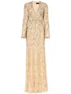 Jenny Packham Kaia Embellished Long-sleeve Plunging Illusion Gown In Yellow