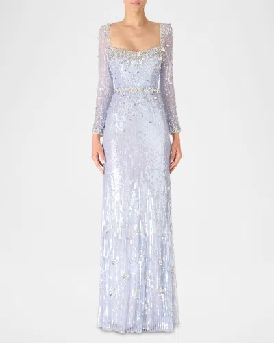 Jenny Packham Kestra Embellished Long-sleeve Sequin Gown In Iris