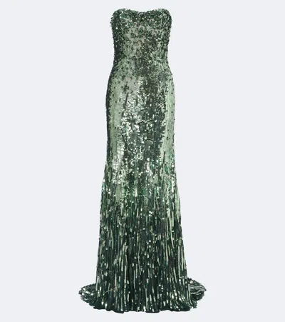 Jenny Packham Kimi Sequined Strapless Gown In Green