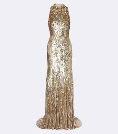 Jenny Packham Kimiko Embellished Halterneck Gown In Gold