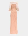 Jenny Packham Kiya Embellished Elbow-sleeve Illusion Gown In Sable