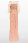 Jenny Packham Kiya Embellished Elbow-sleeve Illusion Gown In Neutral