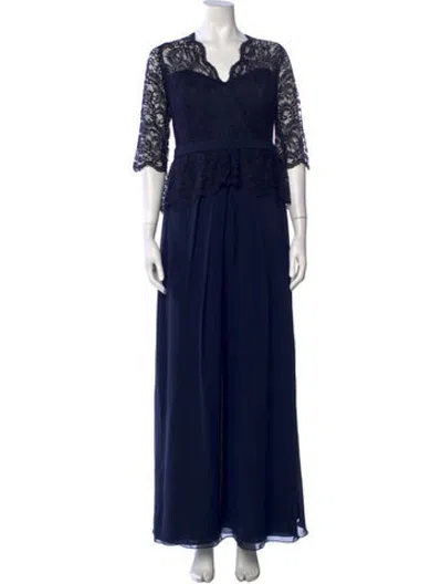 Pre-owned Jenny Packham Lace Pattern Long Dress In Blue