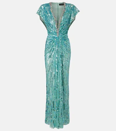 Jenny Packham Lacie Gathered Embellished Gown In Blue
