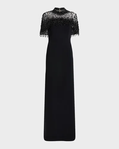 JENNY PACKHAM LIVIA CRYSTAL FRINGE CAPELET COLUMN GOWN