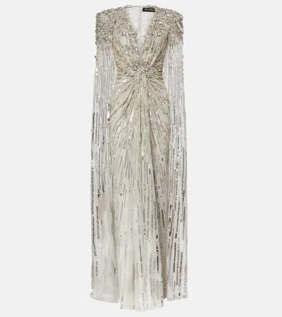 Jenny Packham Lotus Lady Caped Embellished Gown In Silver