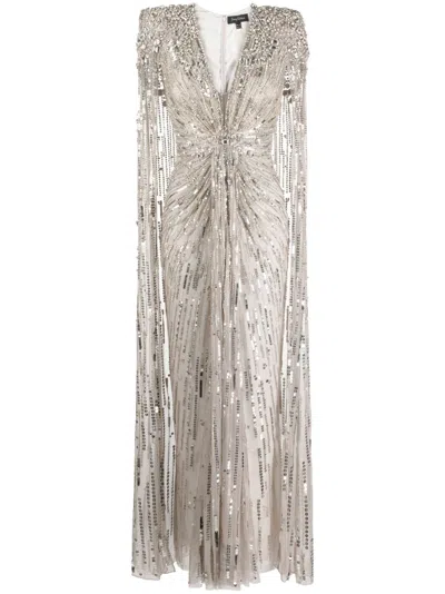 Jenny Packham Lotus Lady Embellished Cape Gown In Grey
