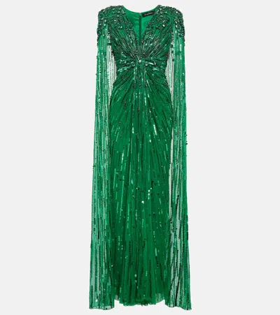 Jenny Packham Embellished Off-shoulder Gown In Green