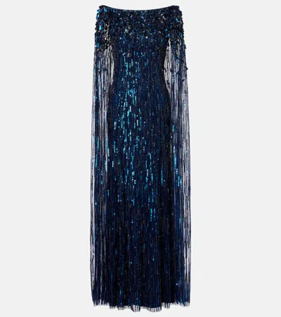 Jenny Packham Luella Fringed Sequined Gown In Blue