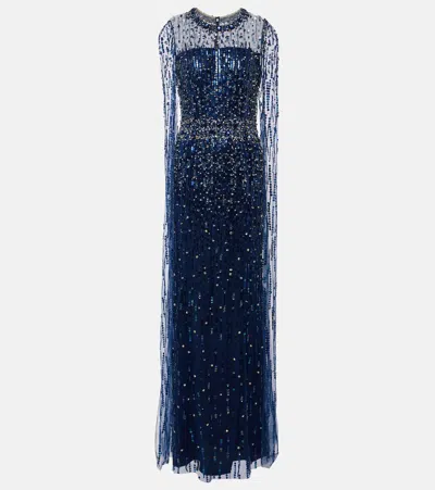 Jenny Packham Lux Sequined Gown In Light Navy