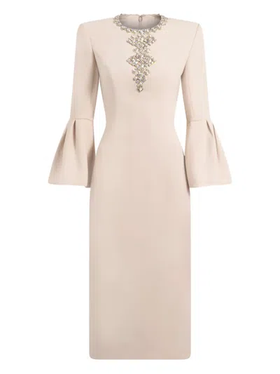 Jenny Packham Margoni Front-embellished Bell-sleeve Midi Dress In Neutral