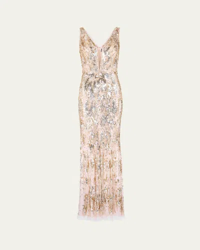 Jenny Packham Marion Embellished Plunging Column Gown In Multi