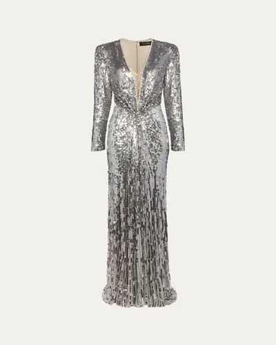 Jenny Packham Narcissus V-neck Sequined Gown In Pebble