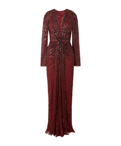 Jenny Packham Nina Gathered Embellished Tulle Gown In Burgundy