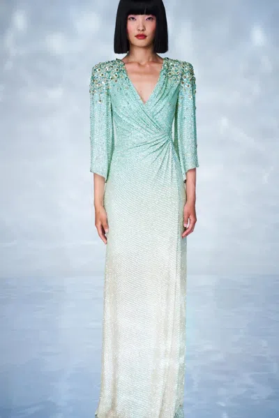 Jenny Packham Embellished Wrap Nori Maxi Dress In Green