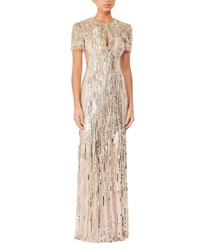 Jenny Packham Nova Sequin-embellished Keyhole-neck Maxi Dress In Gray