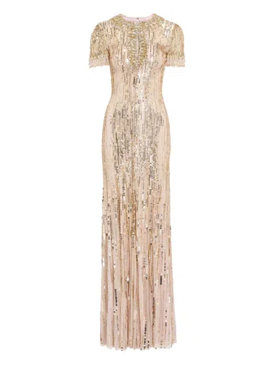 Jenny Packham Nova Sequin-embellished Keyhole-neck Maxi Dress In Neutral