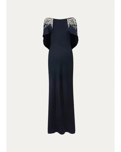 Jenny Packham Ophelia Embellished Draped Capelet Backless Gown In Blue