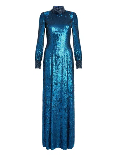 Jenny Packham Opium Sequin High-neck Maxi Dress In Blue