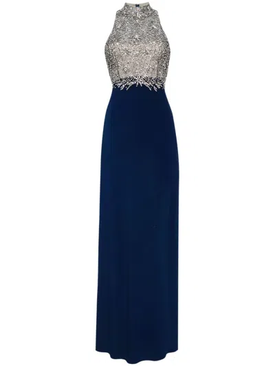 Jenny Packham Dewdrop Crystal-embellished Tulle-trimmed Crepe Gown In Blue