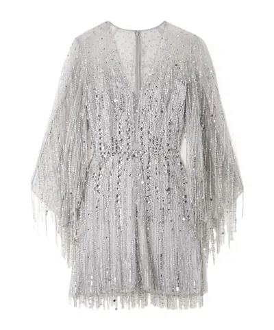 Jenny Packham Oberon Ammonite Embellished Fringed Organza Mini Dress In Silver