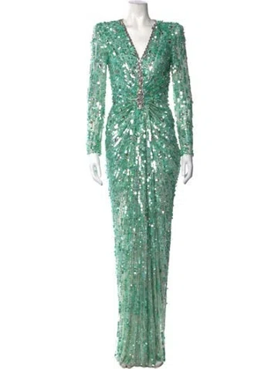Pre-owned Jenny Packham Patterned Long Dress In Green