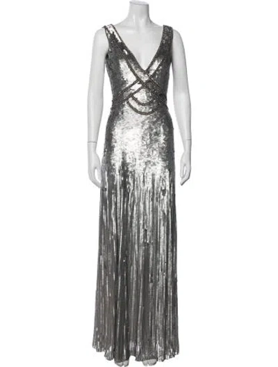 Pre-owned Jenny Packham Patterned Long Dress In Silver