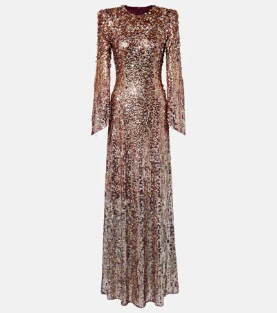 Jenny Packham Phara Embellished Fringed Gown In Brown