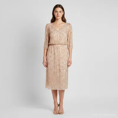 Pre-owned Jenny Packham Pink-gold Chiffon Sequin Embellished Midi Dress M