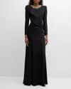 JENNY PACKHAM PLAZA CRYSTAL DRAPED STRONG-SHOULDER LONG-SLEEVE GOWN