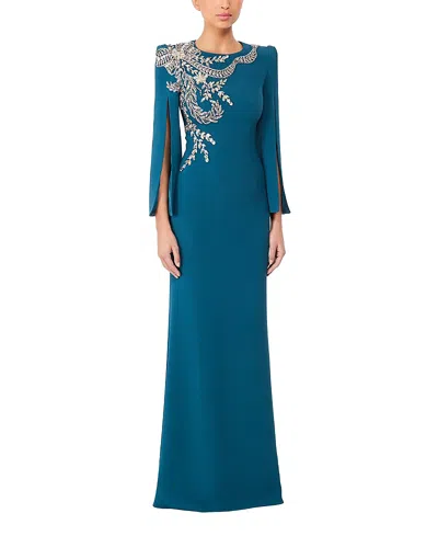 Jenny Packham Precious Floral-embellished Slit-sleeve Maxi Dress In Blue