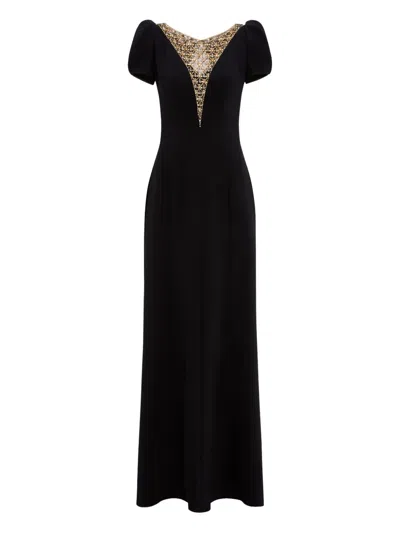 Jenny Packham Puff-sleeve Crystal-embellished Maxi Dress In Black