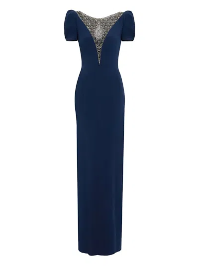 Jenny Packham Puff-sleeve Crystal-embellished Maxi Dress In Blue
