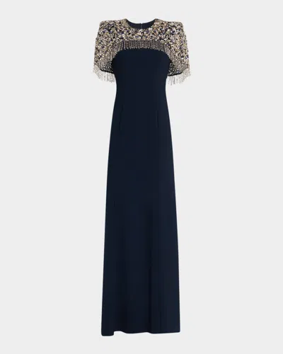 Jenny Packham Rana Embellished Cape Trumpet Gown In Ink