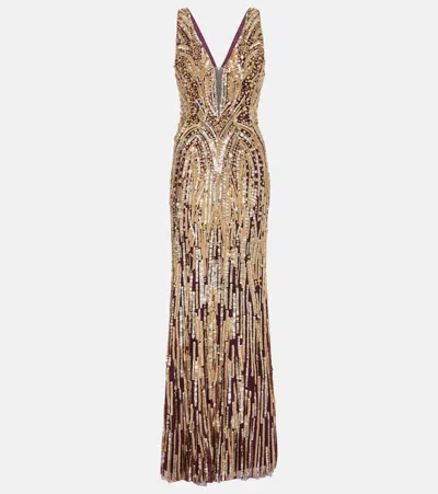 Jenny Packham Raquel Sequined Tulle Gown In Burgundy